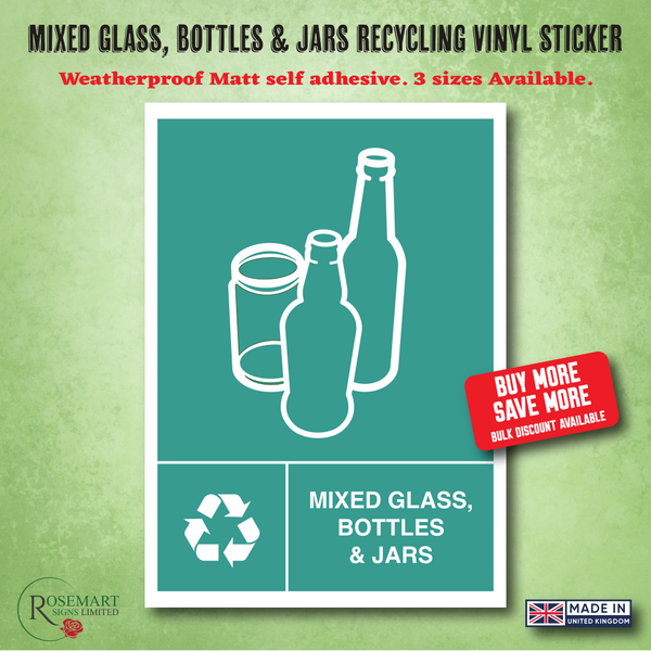 Mixed Glass, Bottles and Jars Recycling bin vinyl stickers.