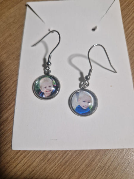 Personalised keepsake photo printed stainless steel drop round earrings