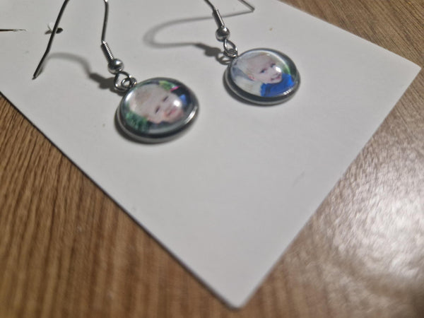 Personalised keepsake photo printed stainless steel drop round earrings