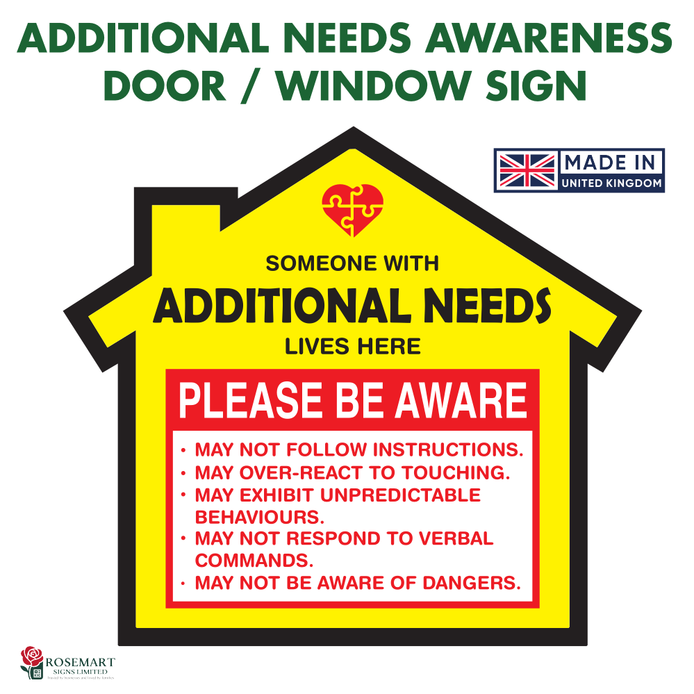 Additional Needs & Autism Awareness Sign – High-Visibility Door Plaque or Window Sticker 100x90mm