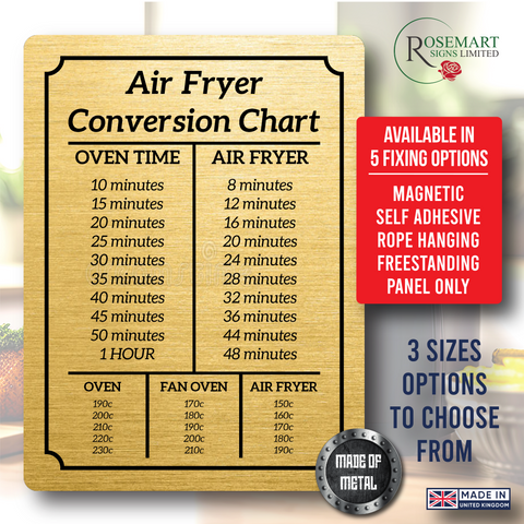 Air Fryer Conversion Chart Cooking Times Temp Oven Kitchen brushed gold Sign plaque