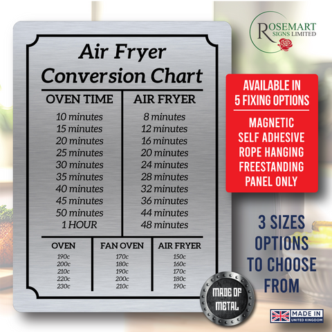 Air Fryer Conversion Chart Cooking Times Temp Oven Kitchen brushed silver Sign plaque