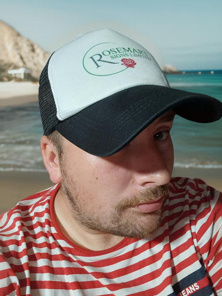 PERSONALISED WHITE / BLACK TRUCKER CAP ~ ANY TEXT / LOGO / IMAGE PRINTED. One size Adult
