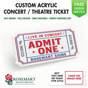 Custom Concert Ticket Sign 140x70mm – Personalised Admit One Plaque, Event Ticket Wall Art