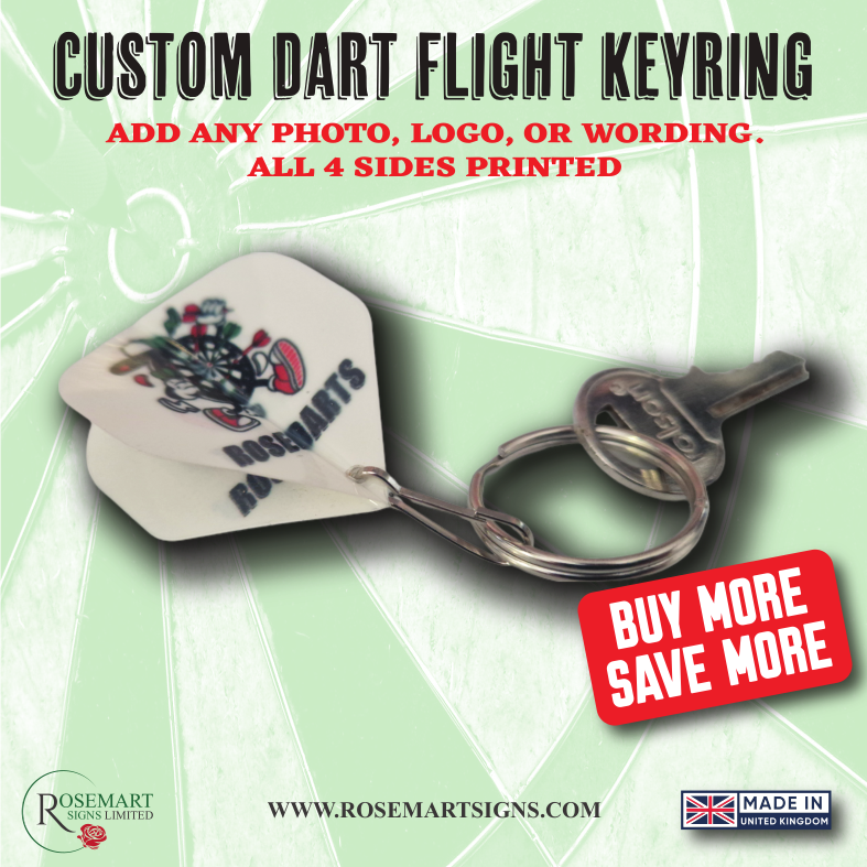 Personalised custom photo, logo text print dart flight keyring