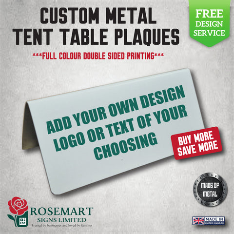 Custom Aluminium Metal Tent Table Plaque – Personalised Design, Logo, or QR Code