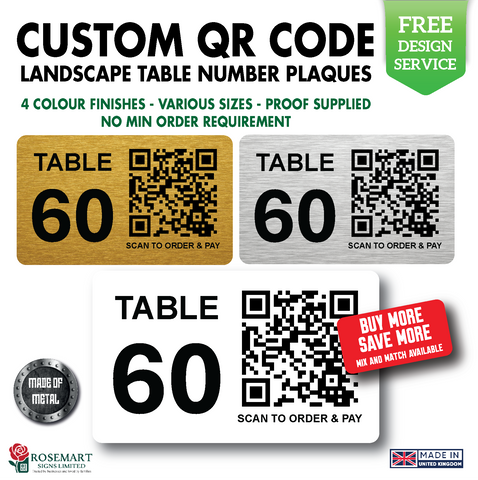 Custom QR Code Table Number Plaques – Metal Signs with Scan to Order & Pay – Brushed Gold, Brushed Silver, Satin Silver & White Finishes – Personalised Table Numbers