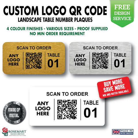 Custom Logo QR Code Table Number Plaques – Metal Restaurant Bar Café Signs – Scan to Order Plates with Free Design Service (No Minimum Order)