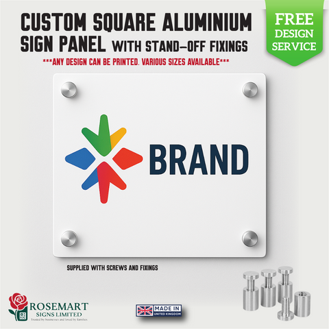 Custom Square Aluminium Sign Panel with Stand-Off Fixings – Indoor/Outdoor Use