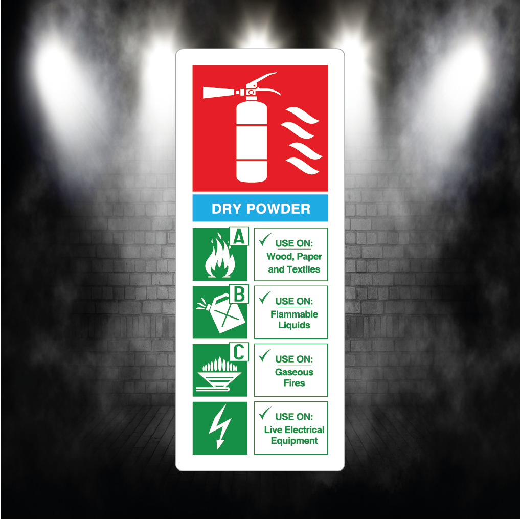 Dry Powder Fire Extinguisher Sign – 80×200mm – Vinyl Sticker or Alumin ...