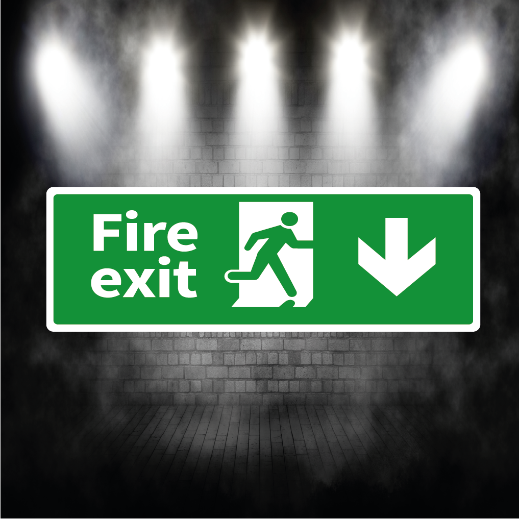 Fire Exit Sign Arrow Down – Vinyl Sticker or Aluminium Safety Plaque
