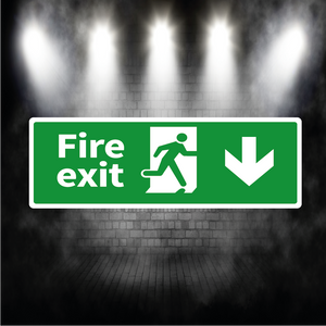 Fire Exit Sign Arrow Down – Vinyl Sticker or Aluminium Safety Plaque
