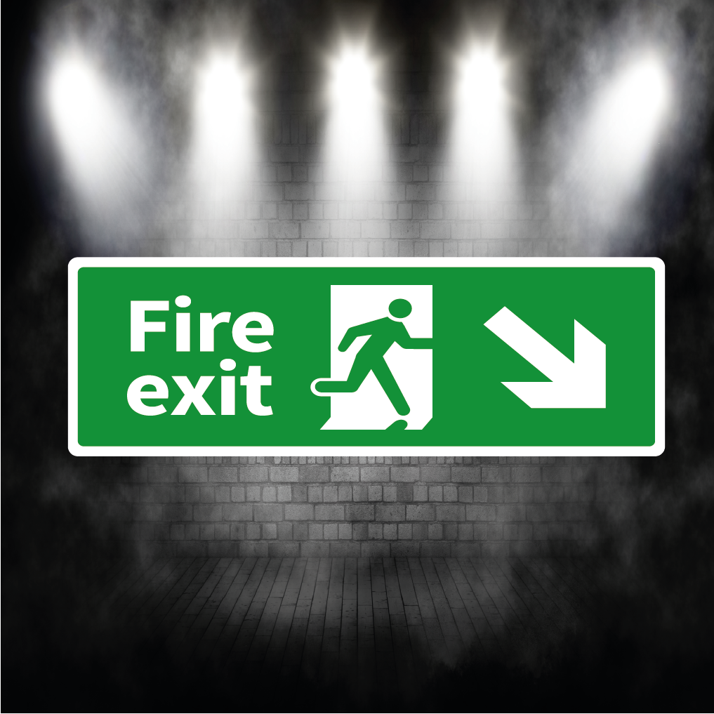 Fire Exit Sign Arrow Down Right – Vinyl Sticker or Aluminium Safety Plaque