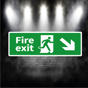 Fire Exit Sign Arrow Down Right – Vinyl Sticker or Aluminium Safety Plaque