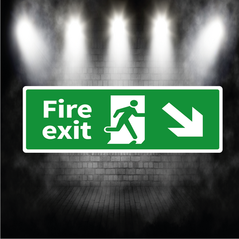 Fire Exit Sign Arrow Down Right – Vinyl Sticker or Aluminium Safety Plaque