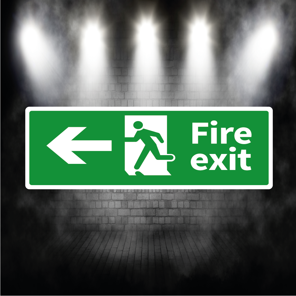 Fire Exit Sign Arrow Left – Vinyl Sticker or Aluminium Safety Plaque
