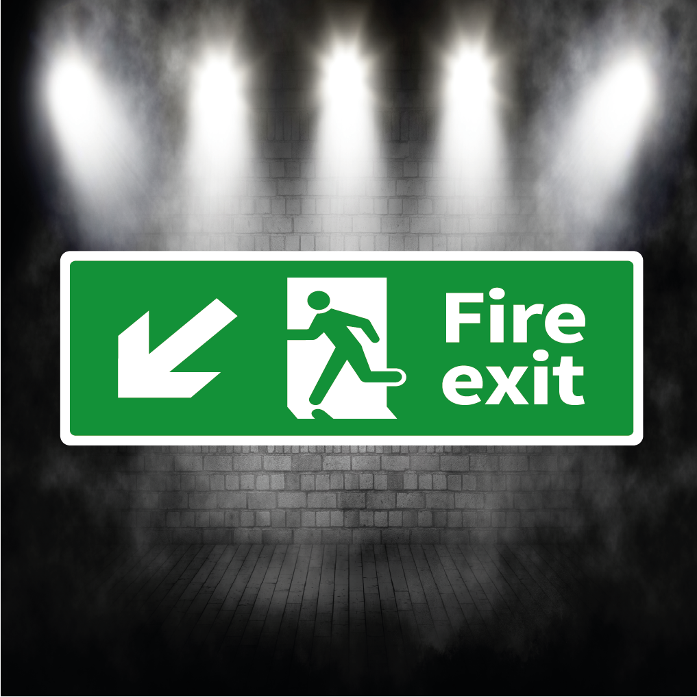 Fire Exit Sign Arrow Down Left – Vinyl Sticker or Aluminium Safety Plaque