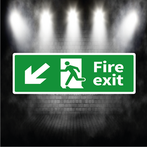 Fire Exit Sign Arrow Down Left – Vinyl Sticker or Aluminium Safety Plaque