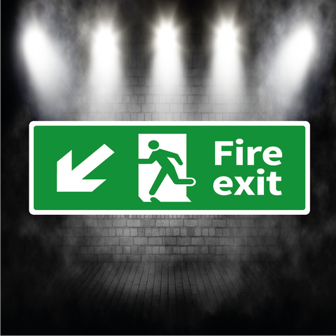Fire Exit Sign Arrow Down Left – Vinyl Sticker or Aluminium Safety Plaque