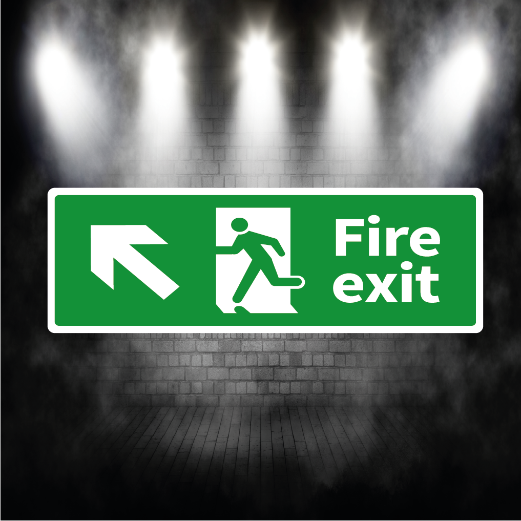 Fire Exit Sign Arrow Up Left – Vinyl Sticker or Aluminium Safety Plaque