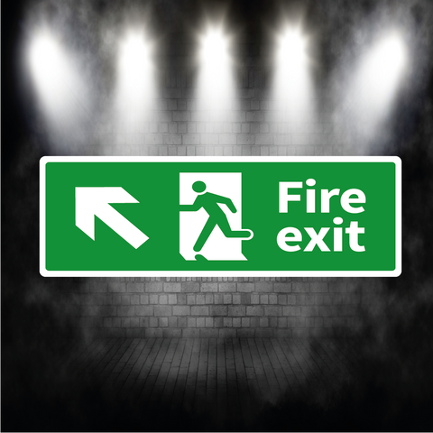 Fire Exit Sign Arrow Up Left – Vinyl Sticker or Aluminium Safety Plaque