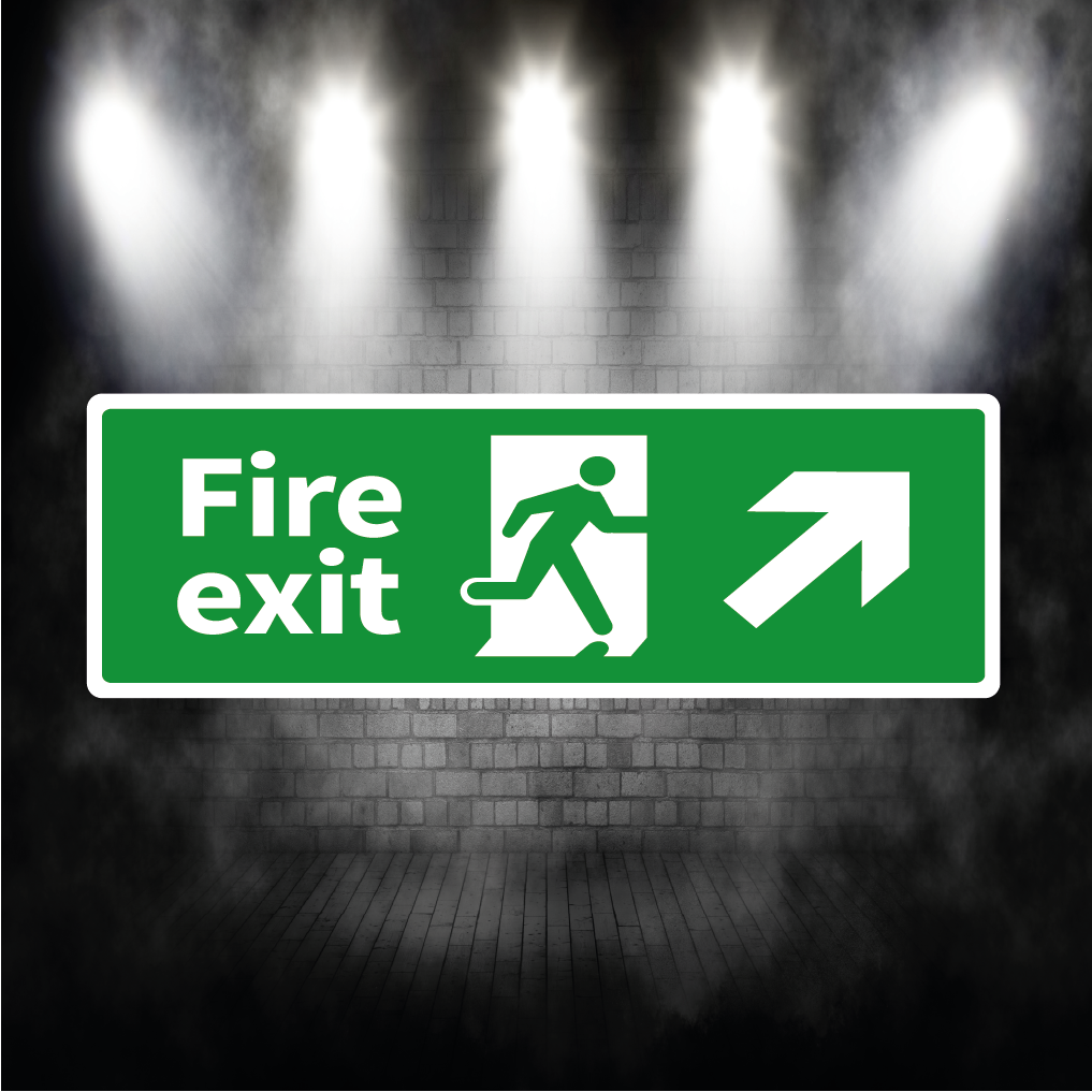 Fire Exit Sign Arrow Up Right – Vinyl Sticker or Aluminium Safety Plaque