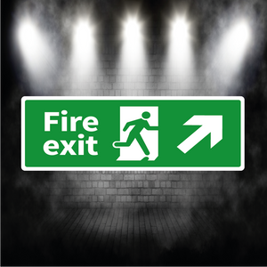 Fire Exit Sign Arrow Up Right – Vinyl Sticker or Aluminium Safety Plaque