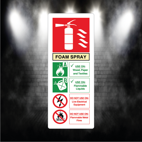 Foam Spray Fire Extinguisher Sign – 80×200mm – Vinyl Sticker or Aluminium Metal