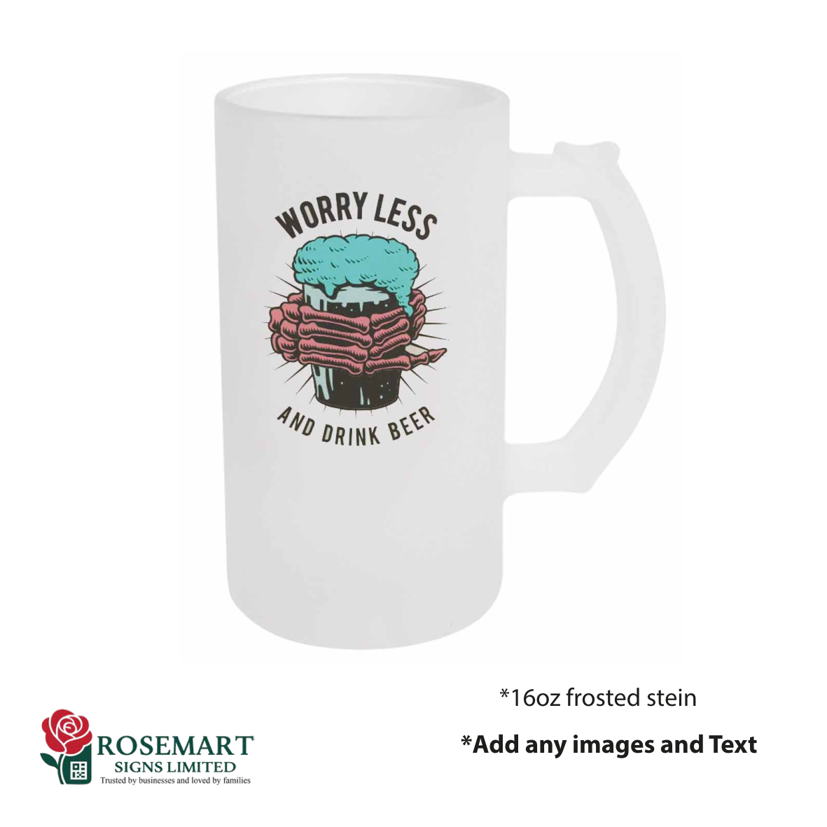 Personalised photo logo or text frosted beer glass stein. 16oz