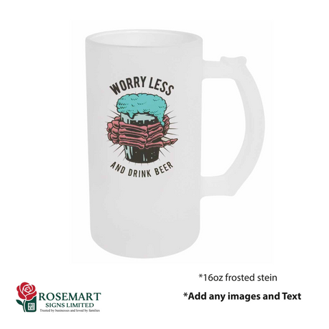 Personalised photo logo or text frosted beer glass stein. 16oz