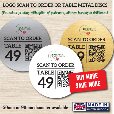 Round logo branded qr code reader table number metal discs.