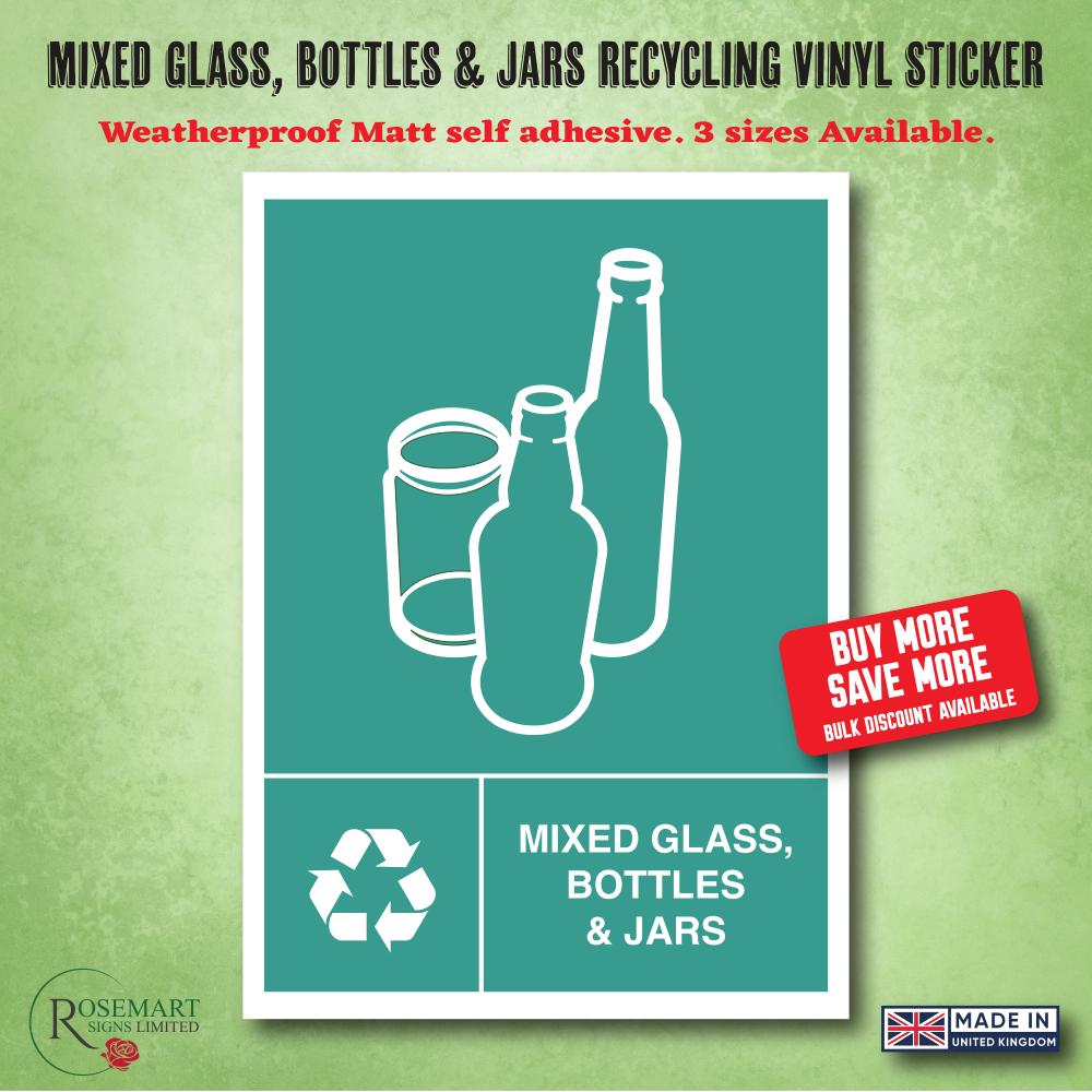 Mixed Glass, Bottles and Jars Recycling bin vinyl stickers.