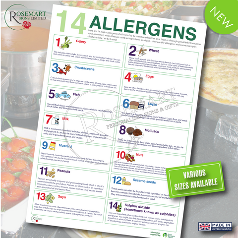 14 food allergens allergy kitchen catering safety vinyl sticker poster FSA