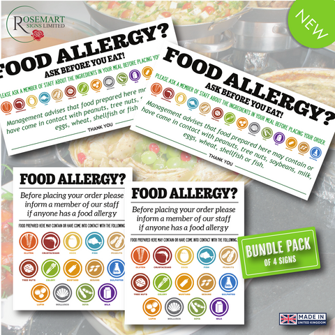 Food Allergy cafe kitchen restaurant value sticker signs pack. 4 notices