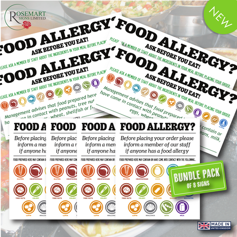 Food Allergy Awareness Ask before you eat sign pack. 8 notices