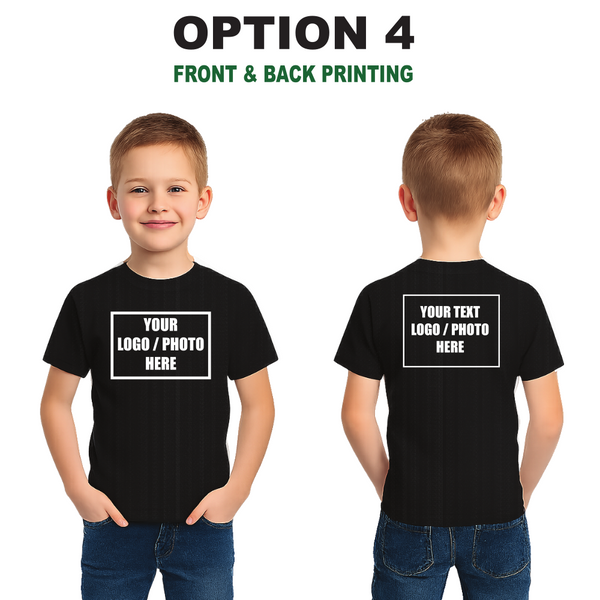 Children's Custom Black T-Shirt – Personalised Logo or Text – Front & Back Print – Proof Before Printing – HTV Print UK