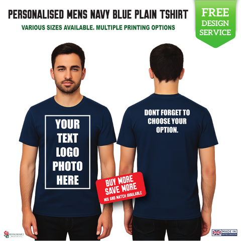 Men’s Custom Navy Blue T-Shirt – Personalised Logo or Text – Front & Back Print – Proof Before Printing – HTV Print UK