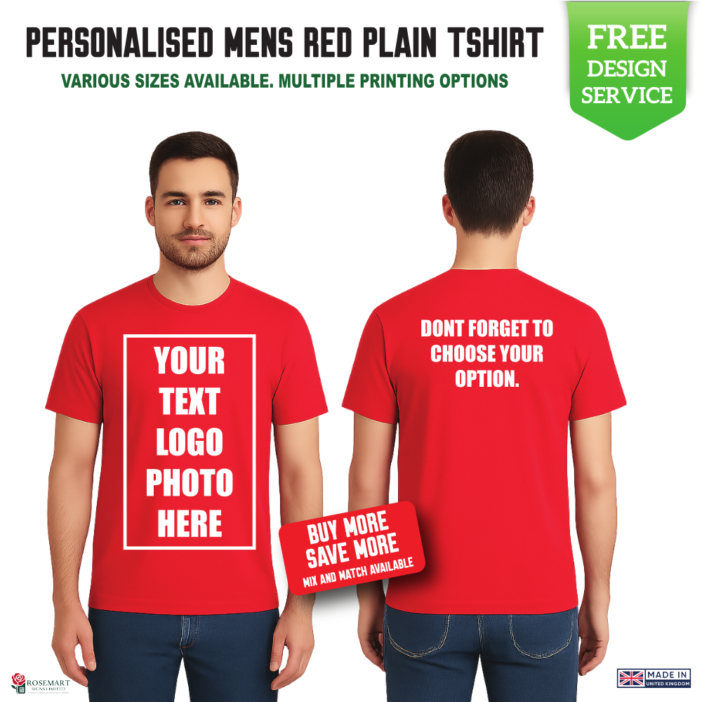 Men’s Custom Red T-Shirt – Personalised Logo or Text – Front & Back Print – Proof Before Printing – HTV Print UK