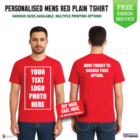 Men’s Custom Red T-Shirt – Personalised Logo or Text – Front & Back Print – Proof Before Printing – HTV Print UK