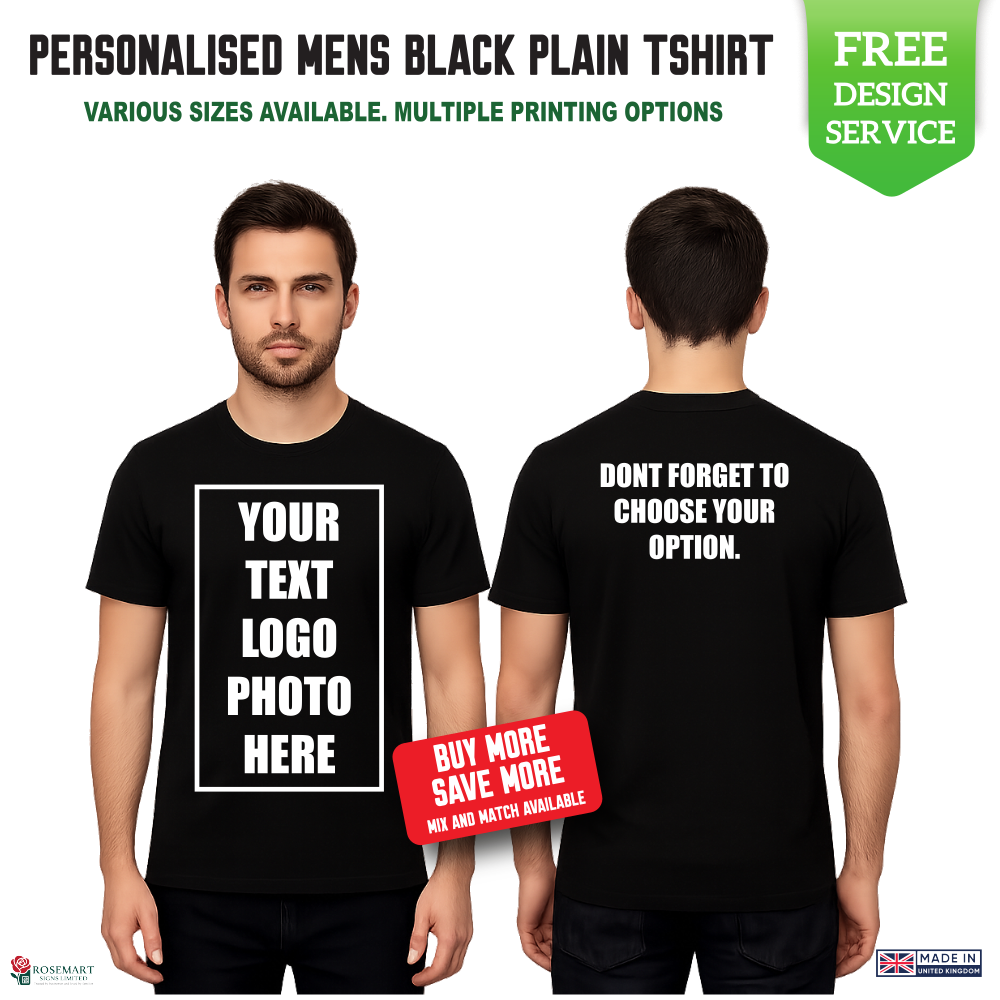 Men’s Custom Black T-Shirt – Personalised Logo or Text – Front & Back Print – Proof Before Printing – HTV Print UK