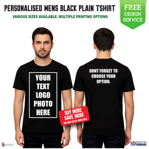 Men’s Custom Black T-Shirt – Personalised Logo or Text – Front & Back Print – Proof Before Printing – HTV Print UK
