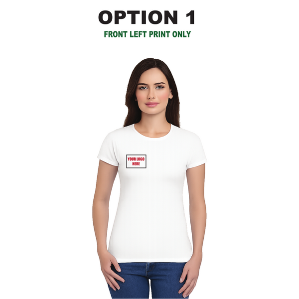 Ladie's Custom White T-Shirt – Personalised Logo or Text – Front & Back Print – Proof Before Printing – HTV Print UK