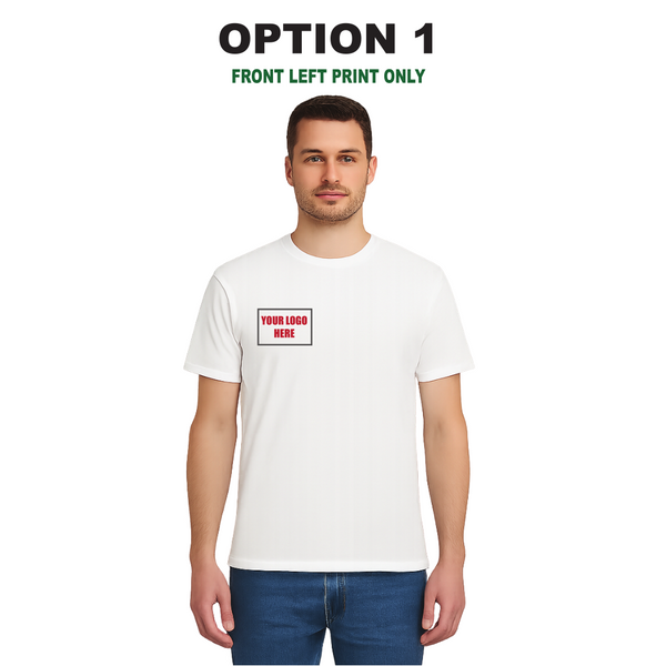 Men’s Custom White T-Shirt – Personalised Logo or Text – Front & Back Print – Proof Before Printing – HTV Print UK