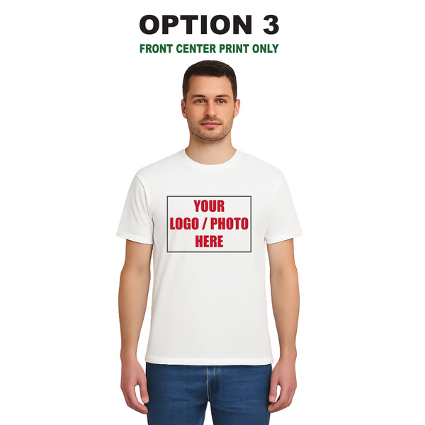 Men’s Custom White T-Shirt – Personalised Logo or Text – Front & Back Print – Proof Before Printing – HTV Print UK