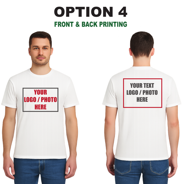 Men’s Custom White T-Shirt – Personalised Logo or Text – Front & Back Print – Proof Before Printing – HTV Print UK
