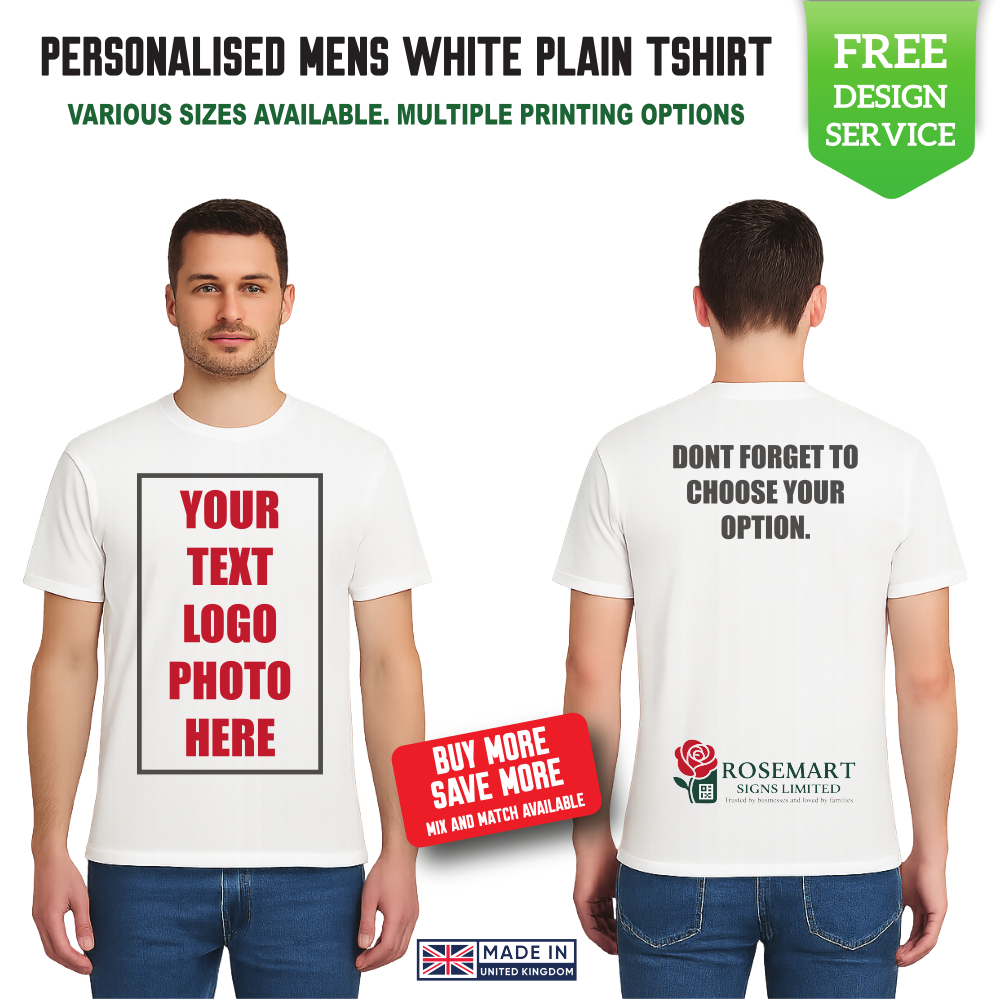 Men’s Custom White T-Shirt – Personalised Logo or Text – Front & Back Print – Proof Before Printing – HTV Print UK