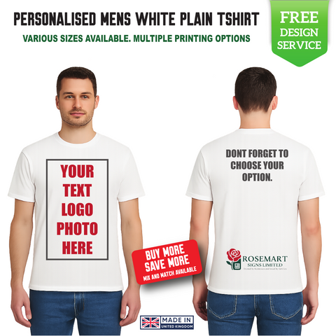 Men’s Custom White T-Shirt – Personalised Logo or Text – Front & Back Print – Proof Before Printing – HTV Print UK