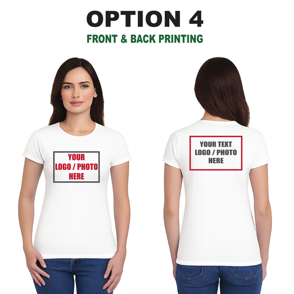 Ladie's Custom White T-Shirt – Personalised Logo or Text – Front & Back Print – Proof Before Printing – HTV Print UK