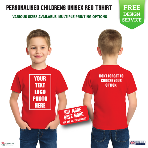 Children's Custom Red T-Shirt – Personalised Logo or Text – Front & Back Print – Proof Before Printing – HTV Print UK