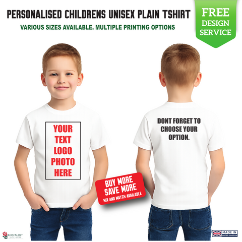 Children's Custom White T-Shirt – Personalised Logo or Text – Front & Back Print – Proof Before Printing – HTV Print UK